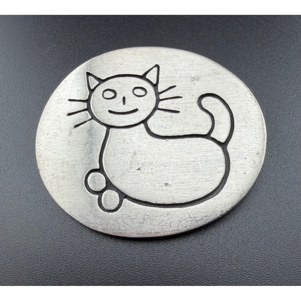 Guyot Pewter Cat Brooch Silver Vintage 1990 Whimsical Animal Rescue Kitty Feline